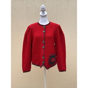 Teufel Design red heart shape Button black trim cardigan